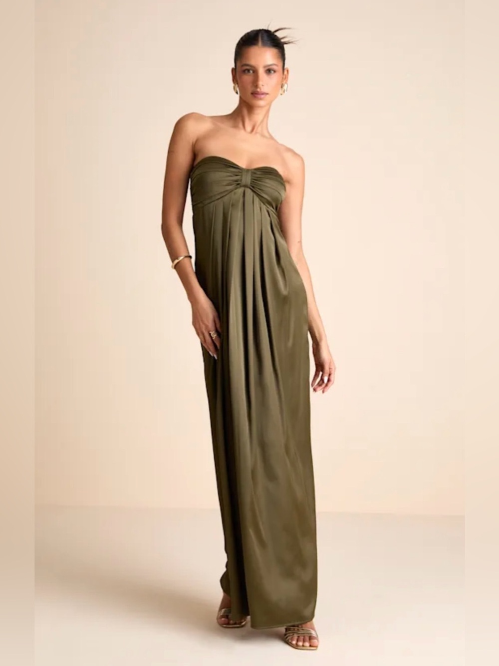 Lulus Memorable Entrance Olive Green Strapless Satin Maxi Dress Sz S